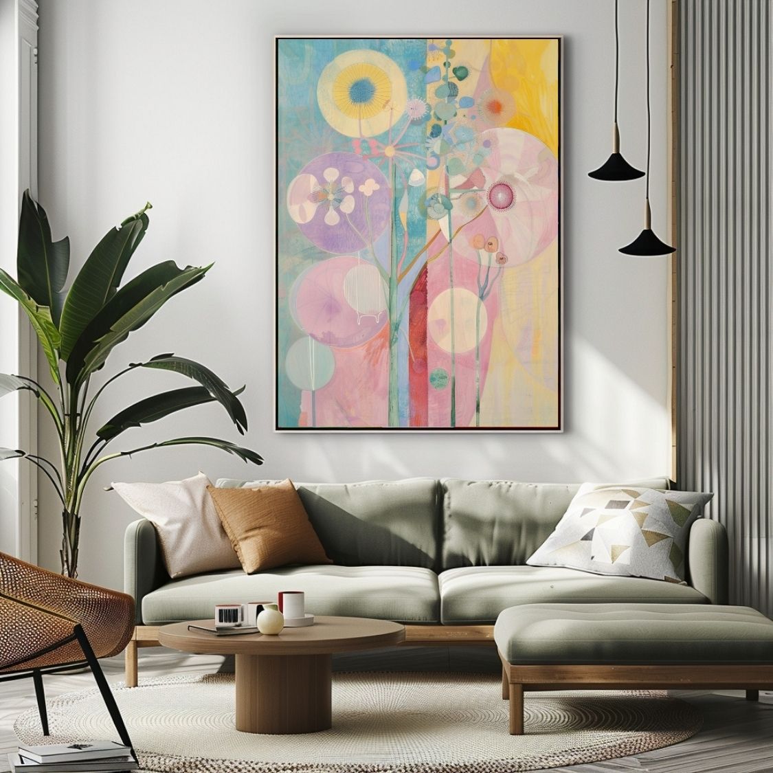 Poster wall art showing 'Blooming Softness – Floral Abstract in Pink and Neutral' in a modern living room