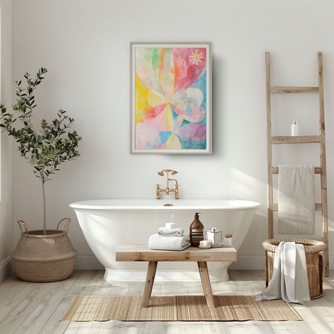 Poster wall art showing 'Blossom Aura – Subtle Pink Floral Abstract' in a bathroom