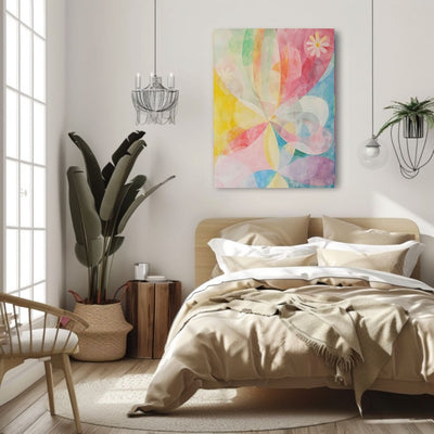 Poster wall art showing 'Blossom Aura – Subtle Pink Floral Abstract' in a bedroom