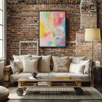 Poster wall art showing 'Blossom Aura – Subtle Pink Floral Abstract' in a brick living room