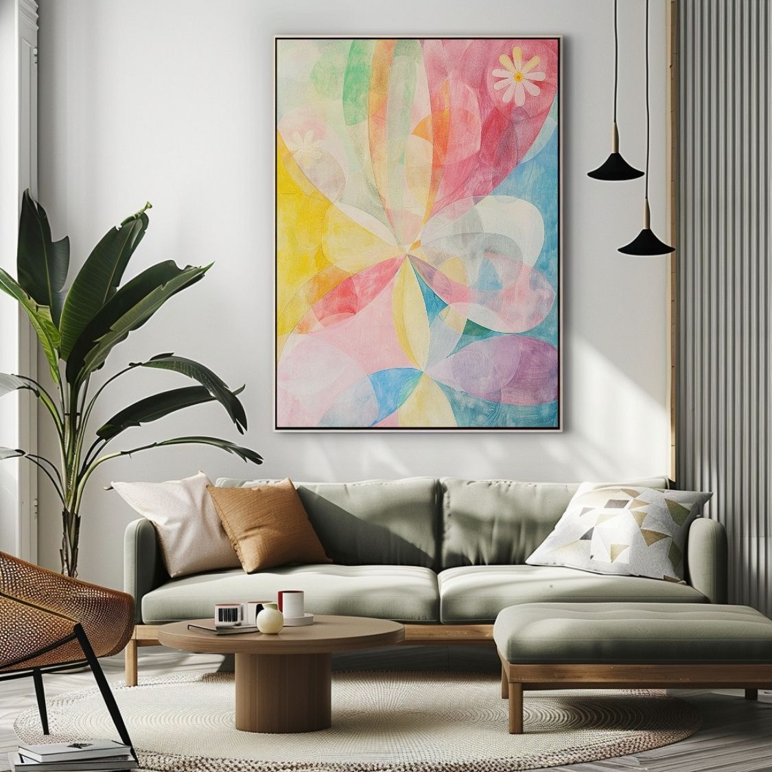 Poster wall art showing 'Blossom Aura – Subtle Pink Floral Abstract' in a living room