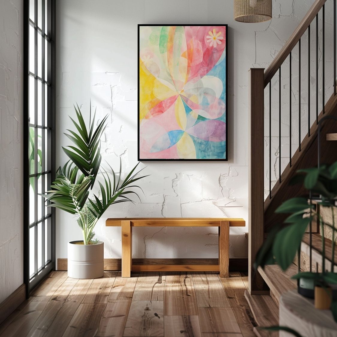 Poster wall art showing 'Blossom Aura – Subtle Pink Floral Abstract' in an entryway