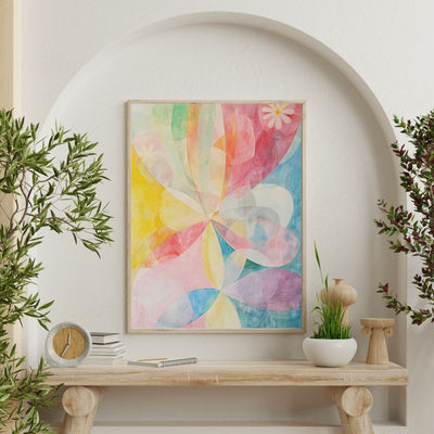 Poster wall art showing 'Blossom Aura – Subtle Pink Floral Abstract' on a wall with plants