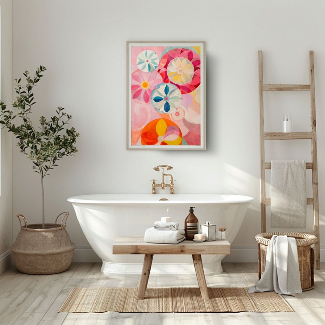 Poster wall art showing 'Blossom Brilliance – Vivid Floral Canvas' in a bathroom