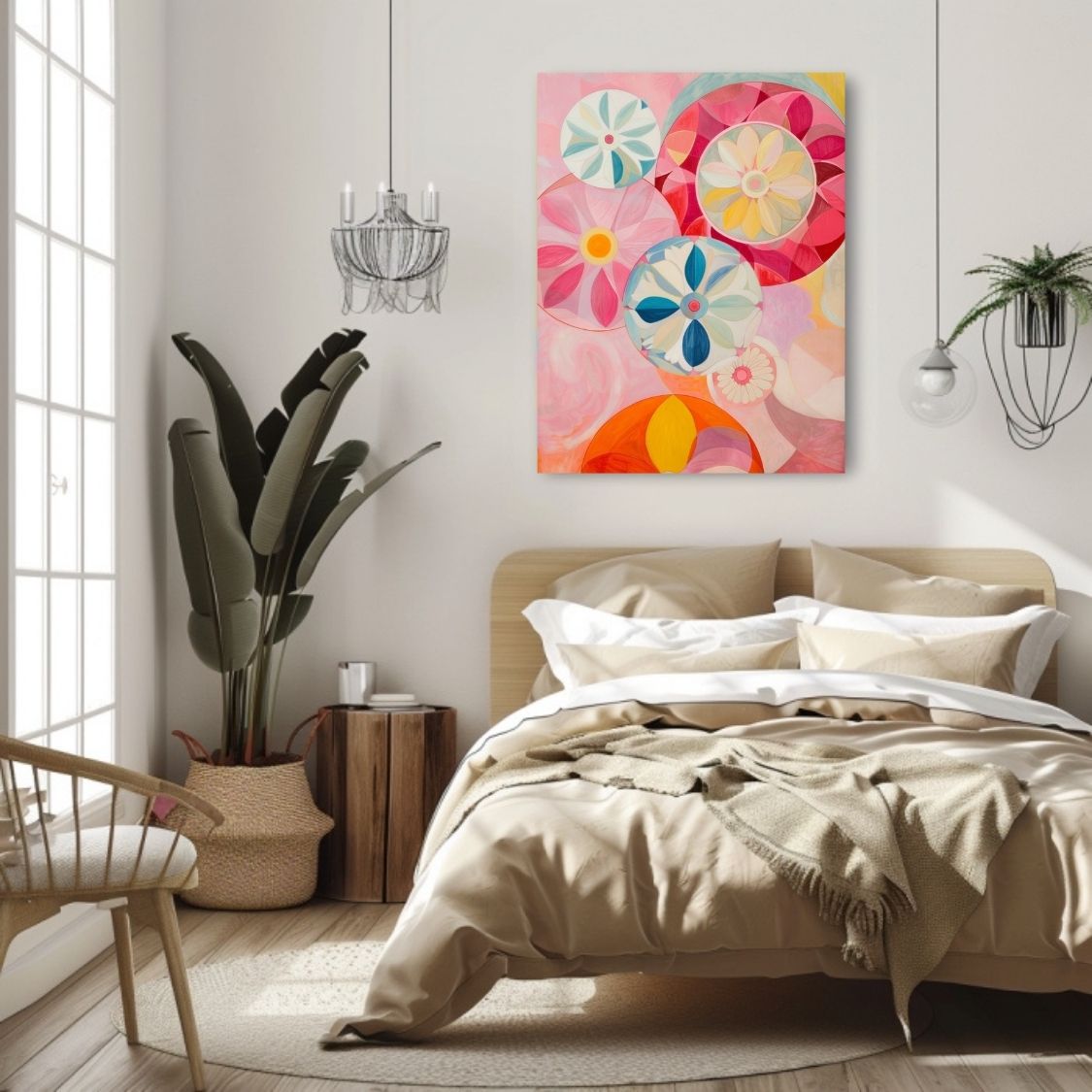 Poster wall art showing 'Blossom Brilliance – Vivid Floral Canvas' in a bedroom