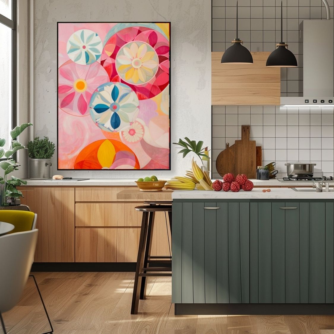 Poster wall art showing 'Blossom Brilliance – Vivid Floral Canvas' in a kitchen