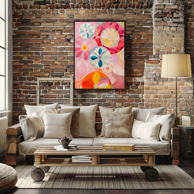 Poster wall art showing 'Blossom Brilliance – Vivid Floral Canvas' in a brick living room