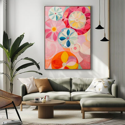 Poster wall art showing 'Blossom Brilliance – Vivid Floral Canvas' in a living room