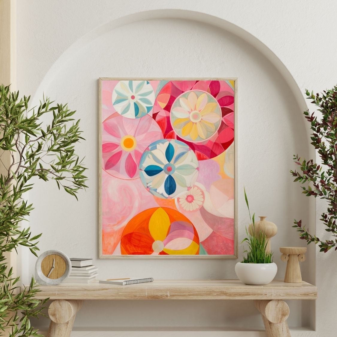 Poster wall art showing 'Blossom Brilliance – Vivid Floral Canvas' on a wall surrounded by plants