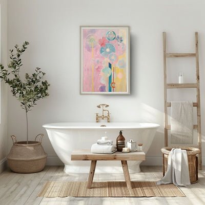 Poster wall art of 'Blossoming Shades – Pink and Neutral Flower Art' in a bathroom