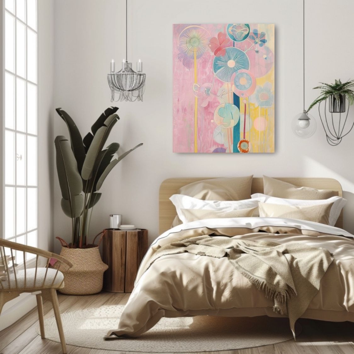 Poster wall art of 'Blossoming Shades – Pink and Neutral Flower Art' in a bedroom