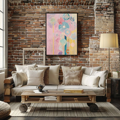 Poster wall art of 'Blossoming Shades – Pink and Neutral Flower Art' in a brick living room