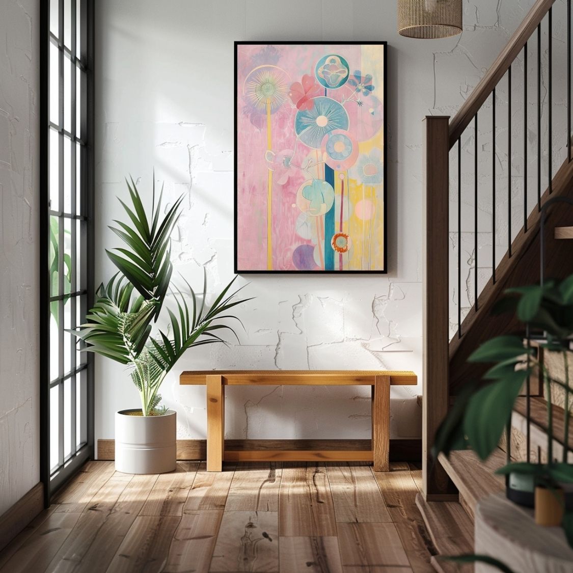 Poster wall art of 'Blossoming Shades – Pink and Neutral Flower Art' in an entryway