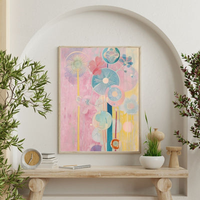 Poster wall art of 'Blossoming Shades – Pink and Neutral Flower Art' on a wall surrounded by plants