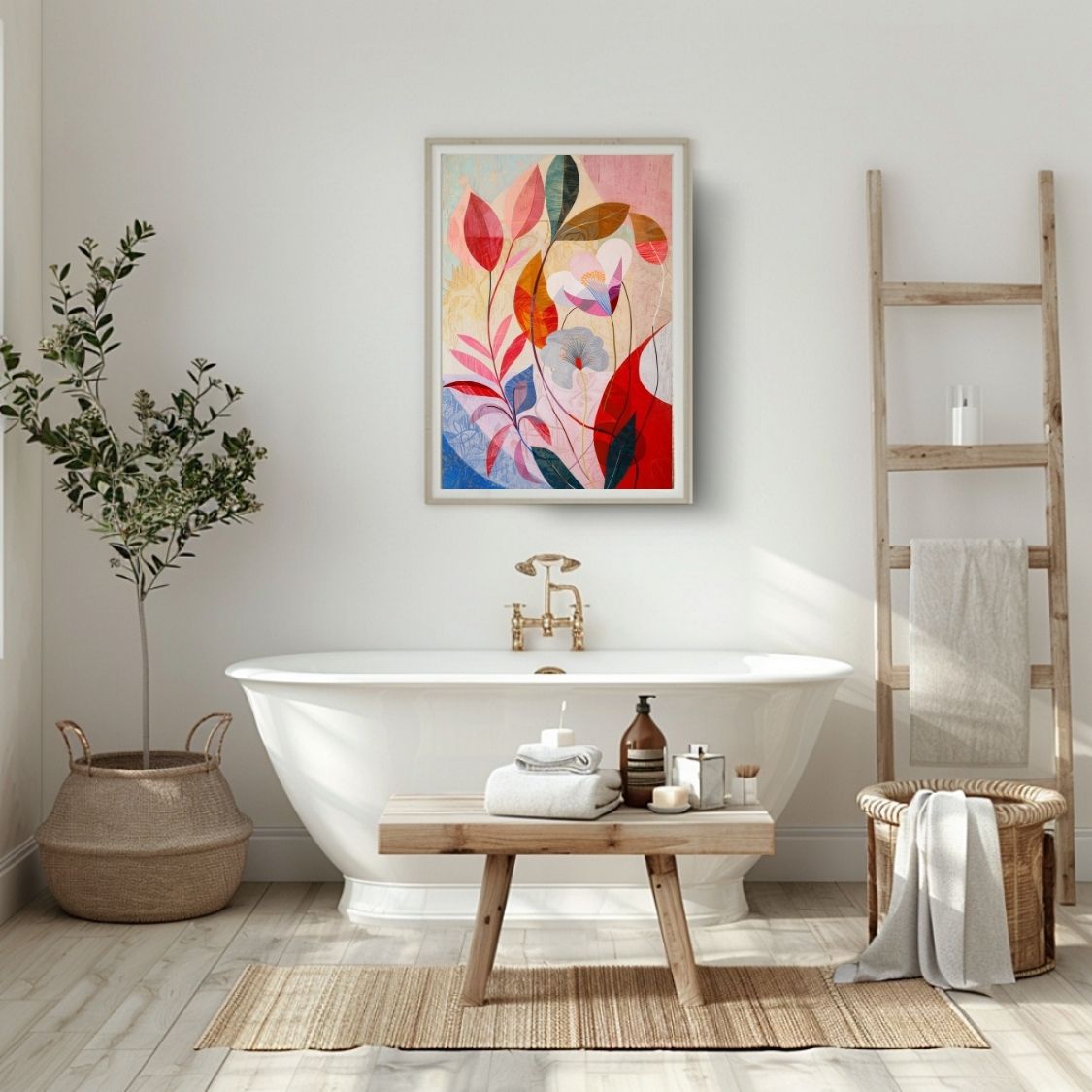 Poster wall art showing 'Blush Blossom – Pink Floral on Neutral Abstract' in a bathroom