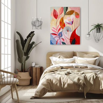 Poster wall art showing 'Blush Blossom – Pink Floral on Neutral Abstract' in a bedroom