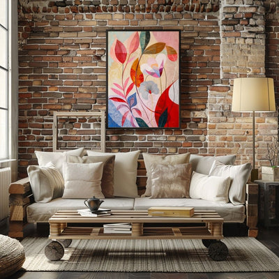 Poster wall art showing 'Blush Blossom – Pink Floral on Neutral Abstract' in a brick living room