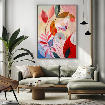 Poster wall art showing 'Blush Blossom – Pink Floral on Neutral Abstract' in a modern living room