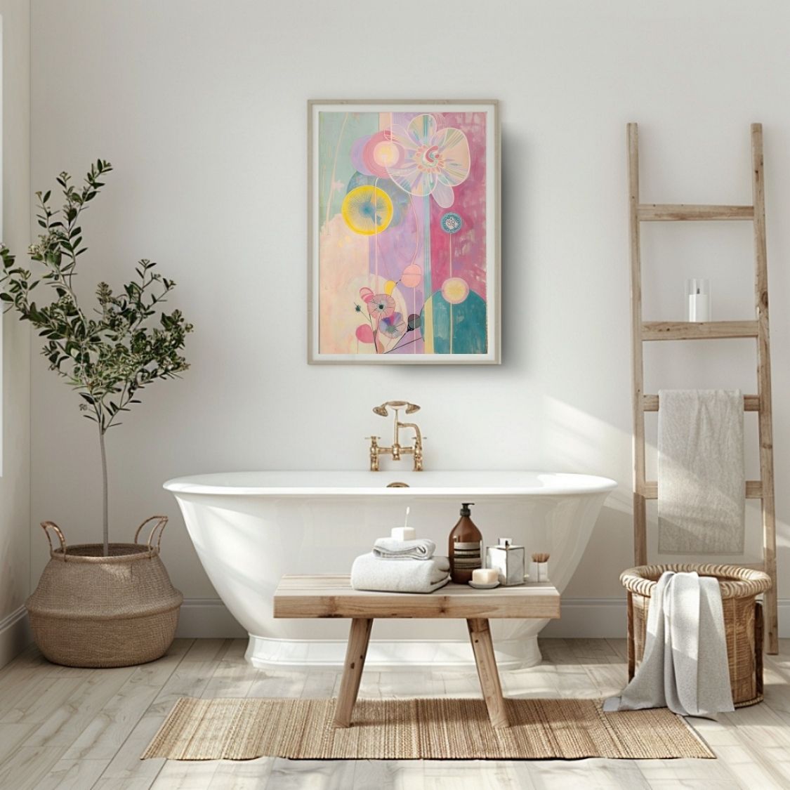 Poster wall art showing 'Blush Botanica – Abstract Flowers in Soft Pink' in a bathroom