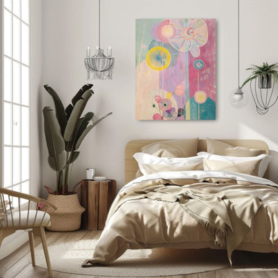 Poster wall art showing 'Blush Botanica – Abstract Flowers in Soft Pink' in a bedroom