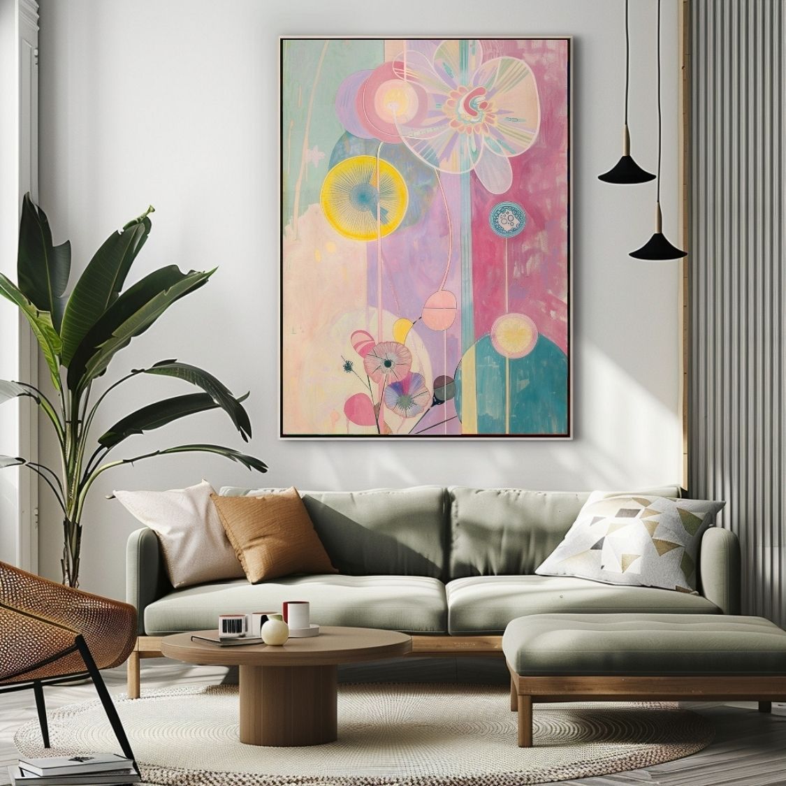 Poster wall art showing 'Blush Botanica – Abstract Flowers in Soft Pink' in a modern living room