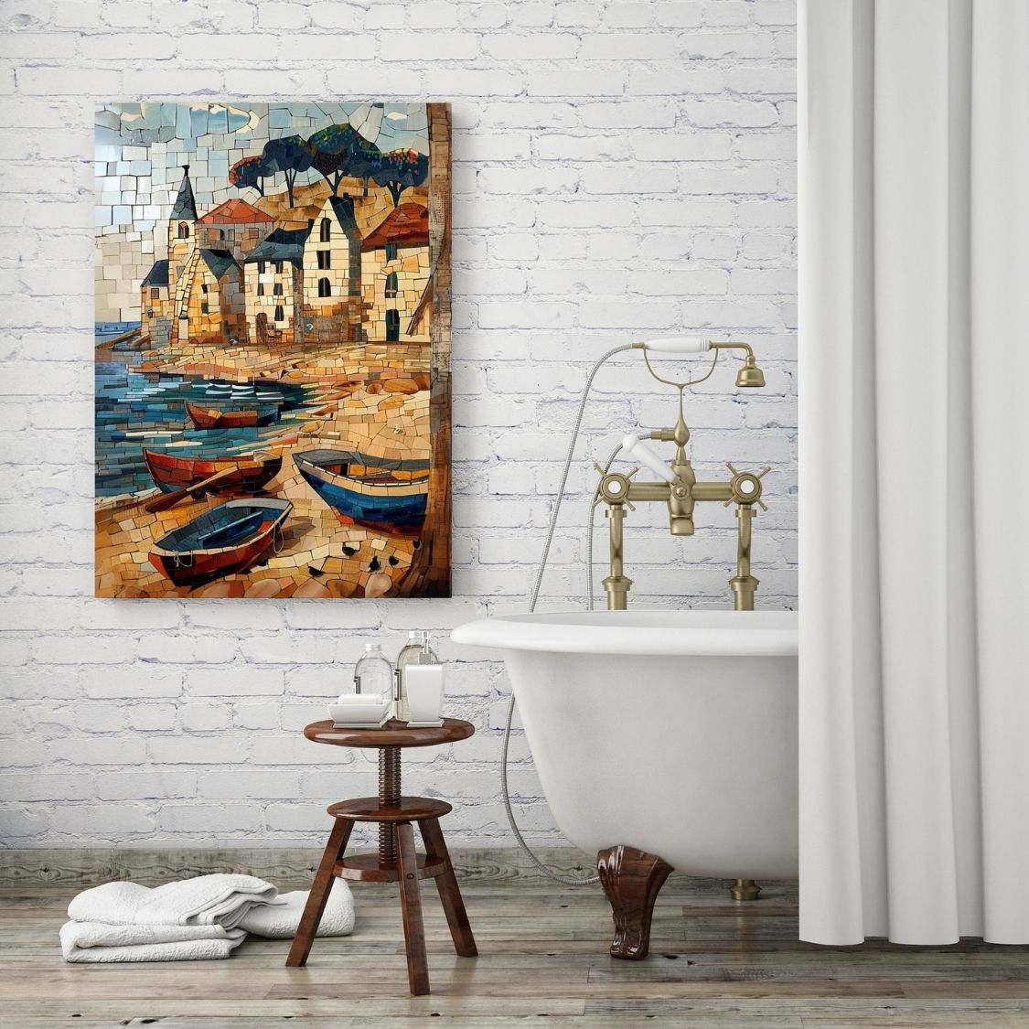 Poster wall art showing 'Boat Coast - Summer Seaside Scene' in a bathroom