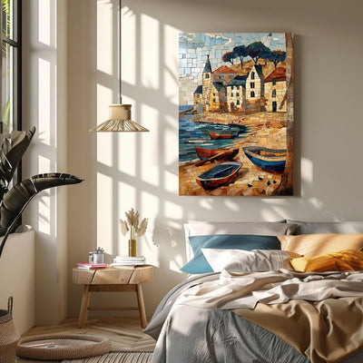 Poster wall art showing 'Boat Coast - Summer Seaside Scene' in a bedroom