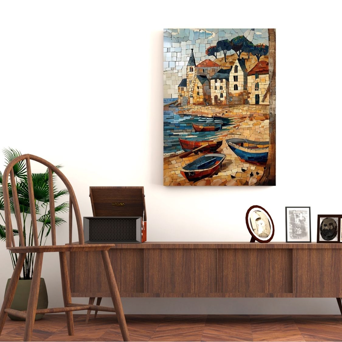 Poster wall art showing 'Boat Coast - Summer Seaside Scene' in a hallway