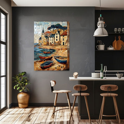 Poster wall art showing 'Boat Coast - Summer Seaside Scene' in a kitchen