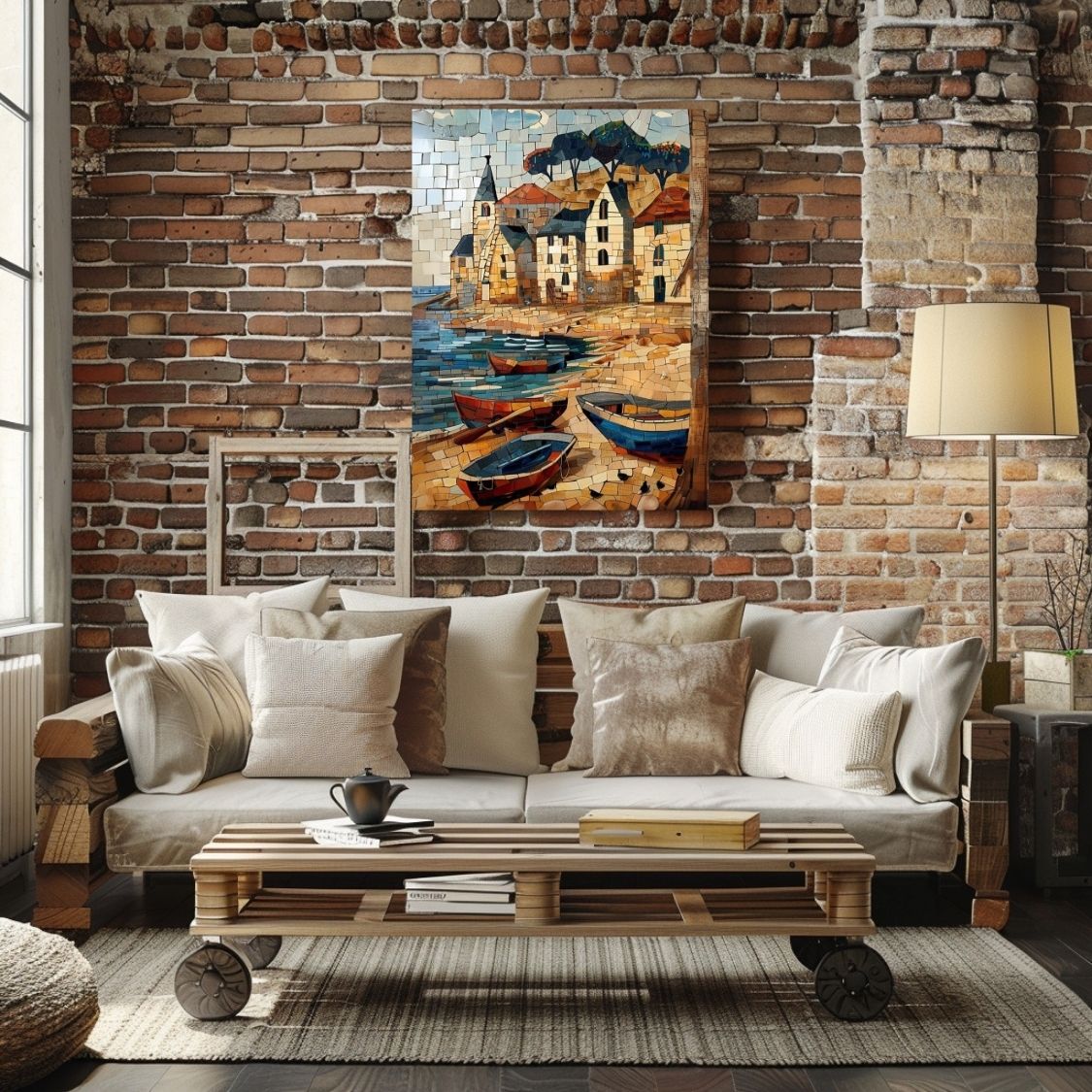 Poster wall art showing 'Boat Coast - Summer Seaside Scene' in a living room