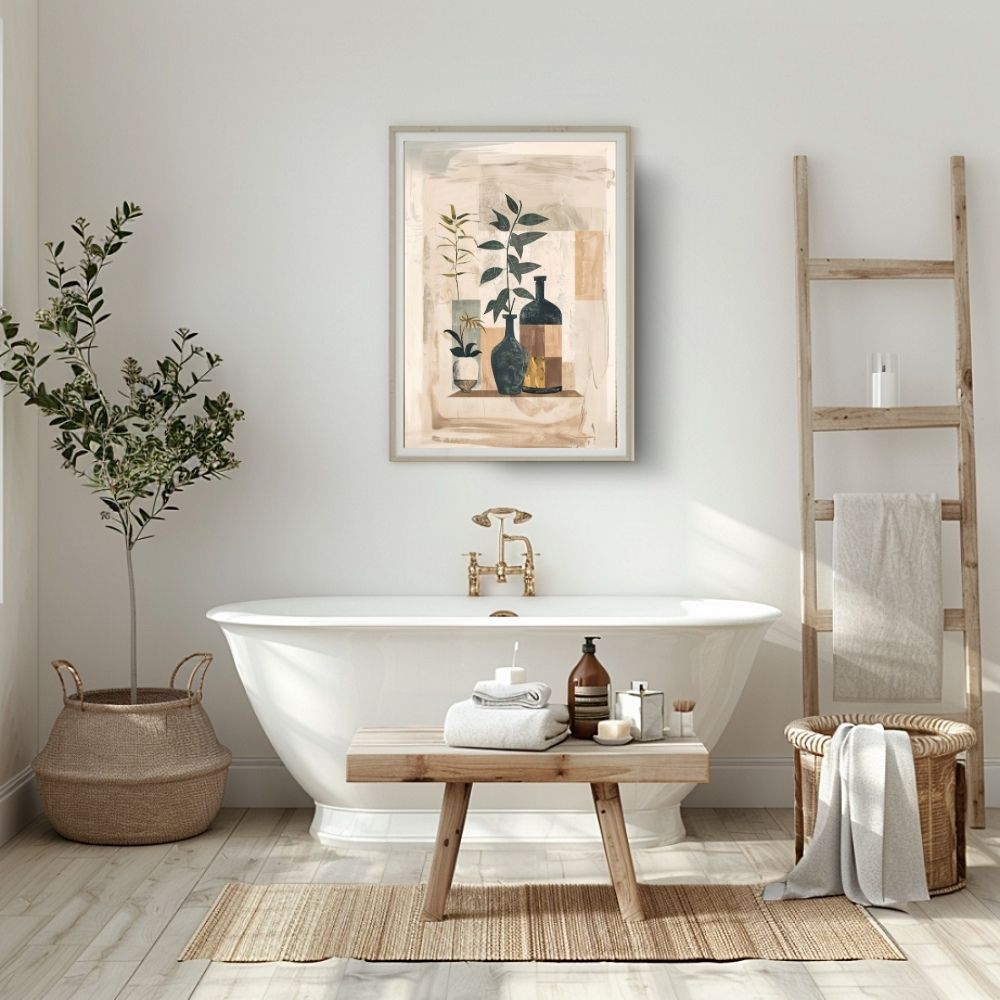 Poster wall art showing 'Boho Botanicals – Minimalist Greenery in Vase' in a bathroom