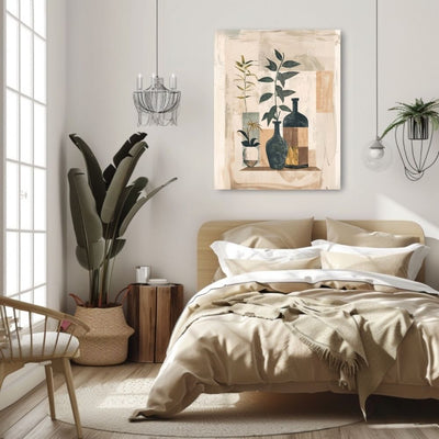 Poster wall art showing 'Boho Botanicals – Minimalist Greenery in Vase' in a bedroom