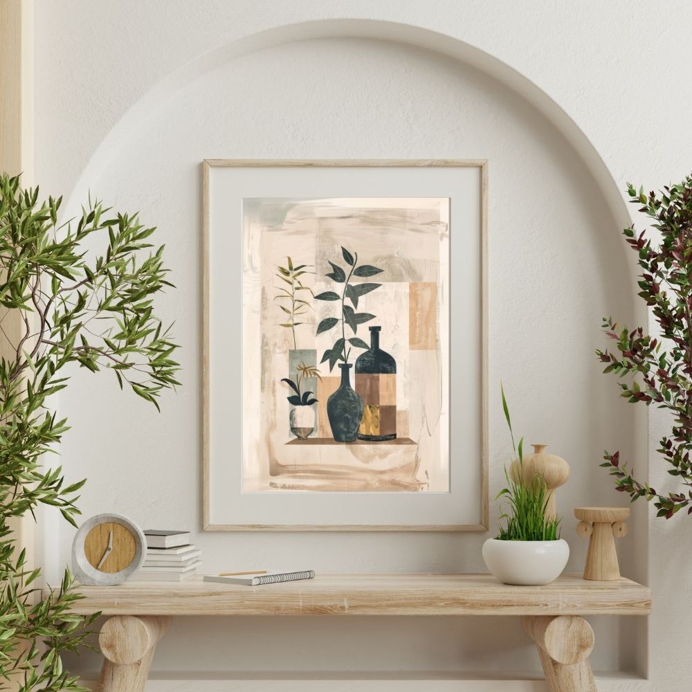 Poster wall art showing 'Boho Botanicals – Minimalist Greenery in Vase' on a wall with plants