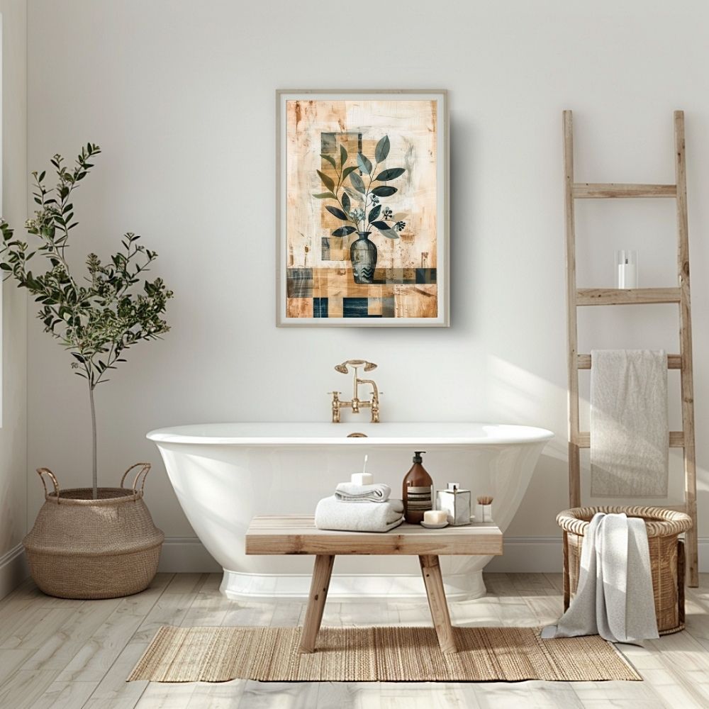 Poster wall art showing 'Boho Floral Simplicity – Abstract Minimalist Design' in a bathroom