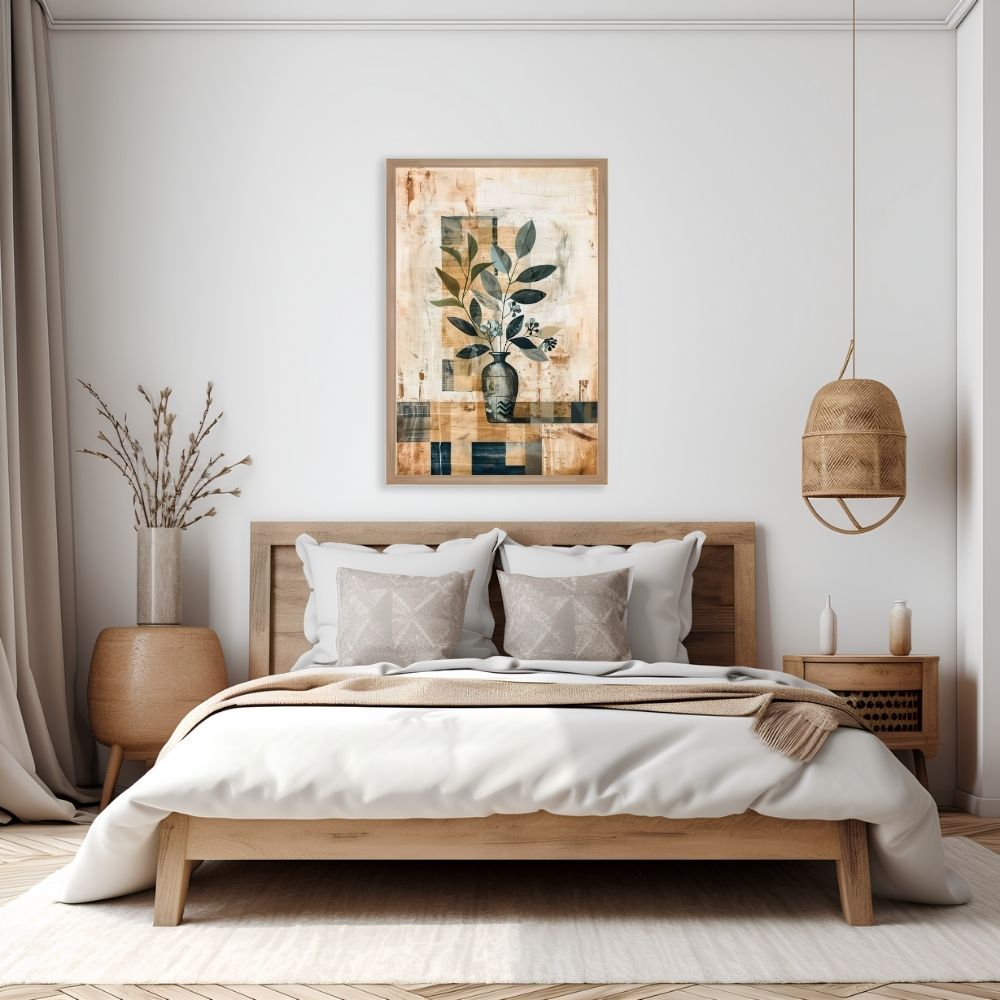 Poster wall art showing 'Boho Floral Simplicity – Abstract Minimalist Design' in a bedroom