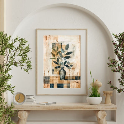 Poster wall art showing 'Boho Floral Simplicity – Abstract Minimalist Design' on a wall with plants