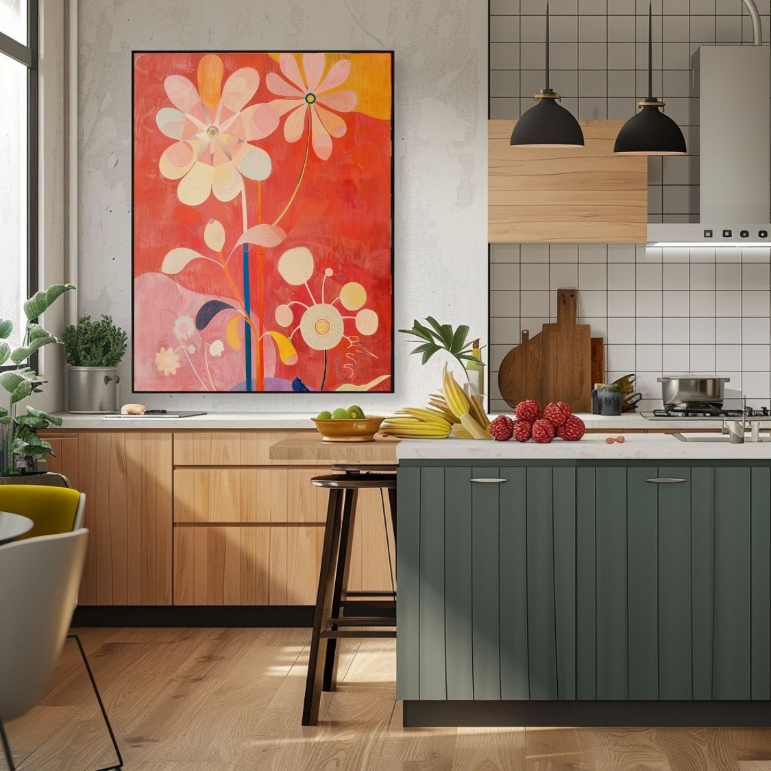 Poster wall art showing 'Bold Botanicals – Vibrant Art Flowers' in a kitchen