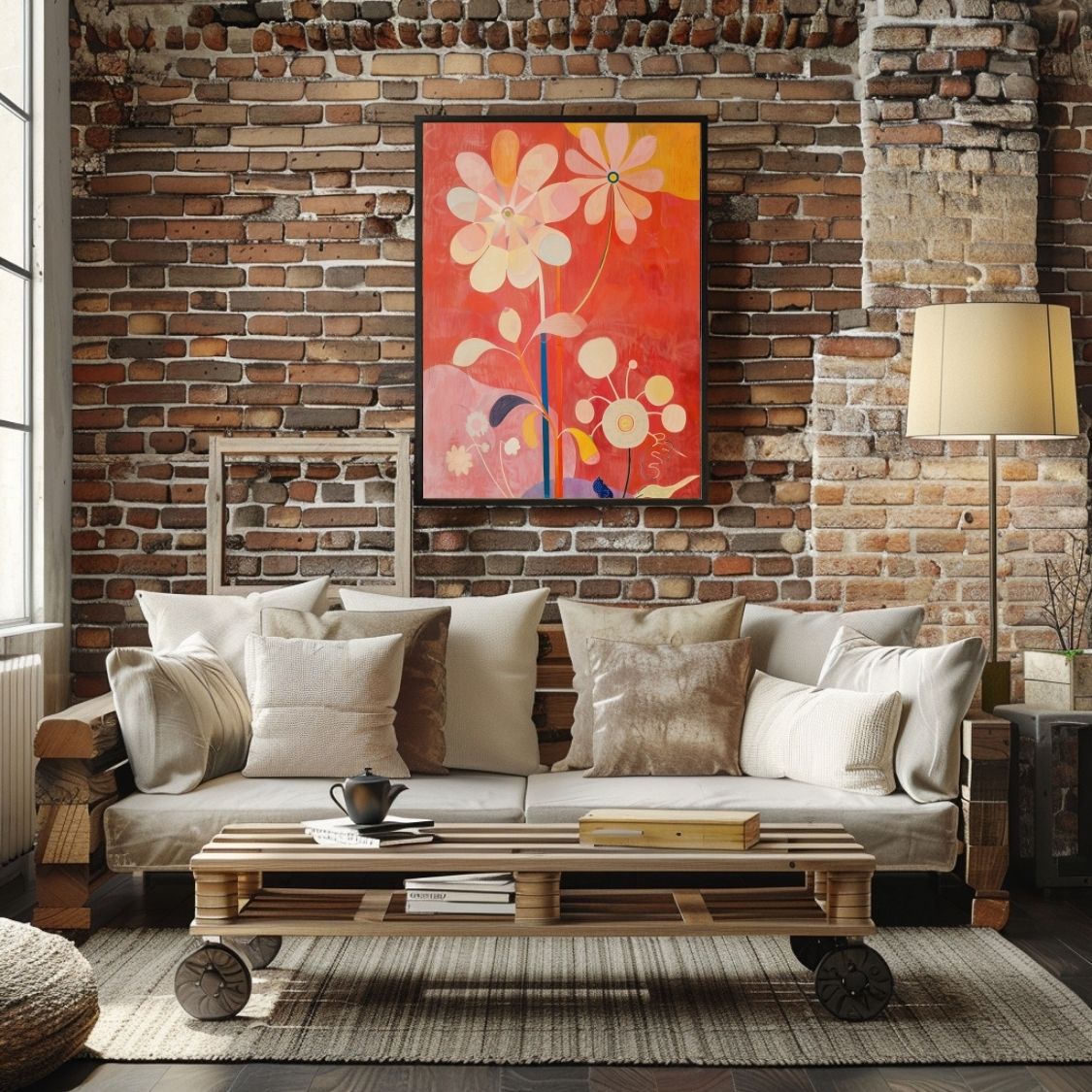 Poster wall art showing 'Bold Botanicals – Vibrant Art Flowers' in a brick living room