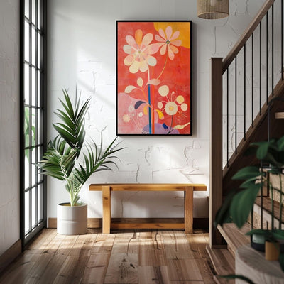 Poster wall art showing 'Bold Botanicals – Vibrant Art Flowers' in an entryway