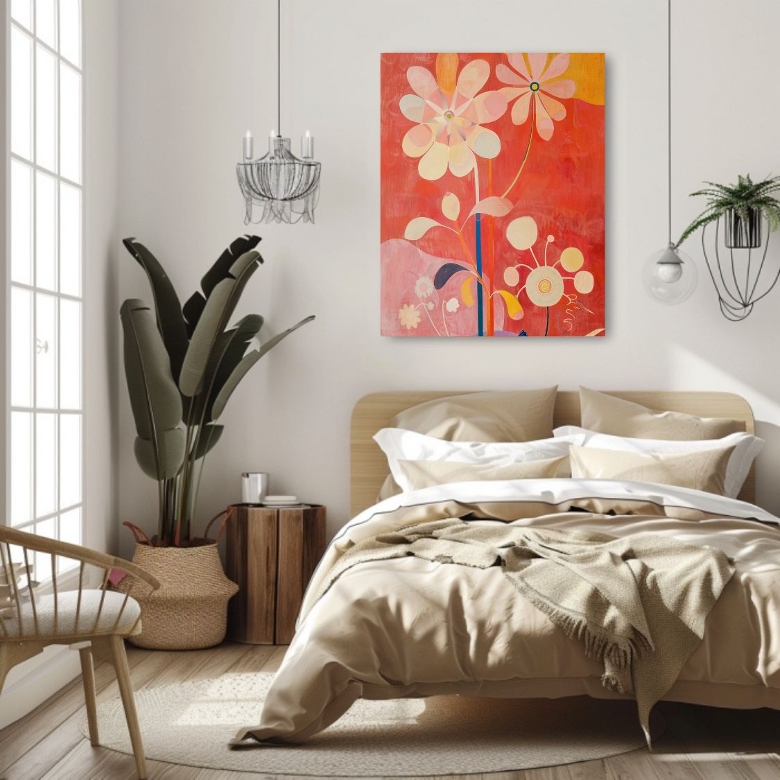 Poster wall art showing 'Bold Botanicals – Vibrant Art Flowers' in a bedroom