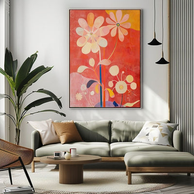 Poster wall art showing 'Bold Botanicals – Vibrant Art Flowers' in a modern living room