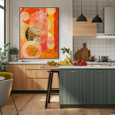 Poster wall art showing 'Bold Floral Impressions – Vibrant Art Canvas' in a kitchen