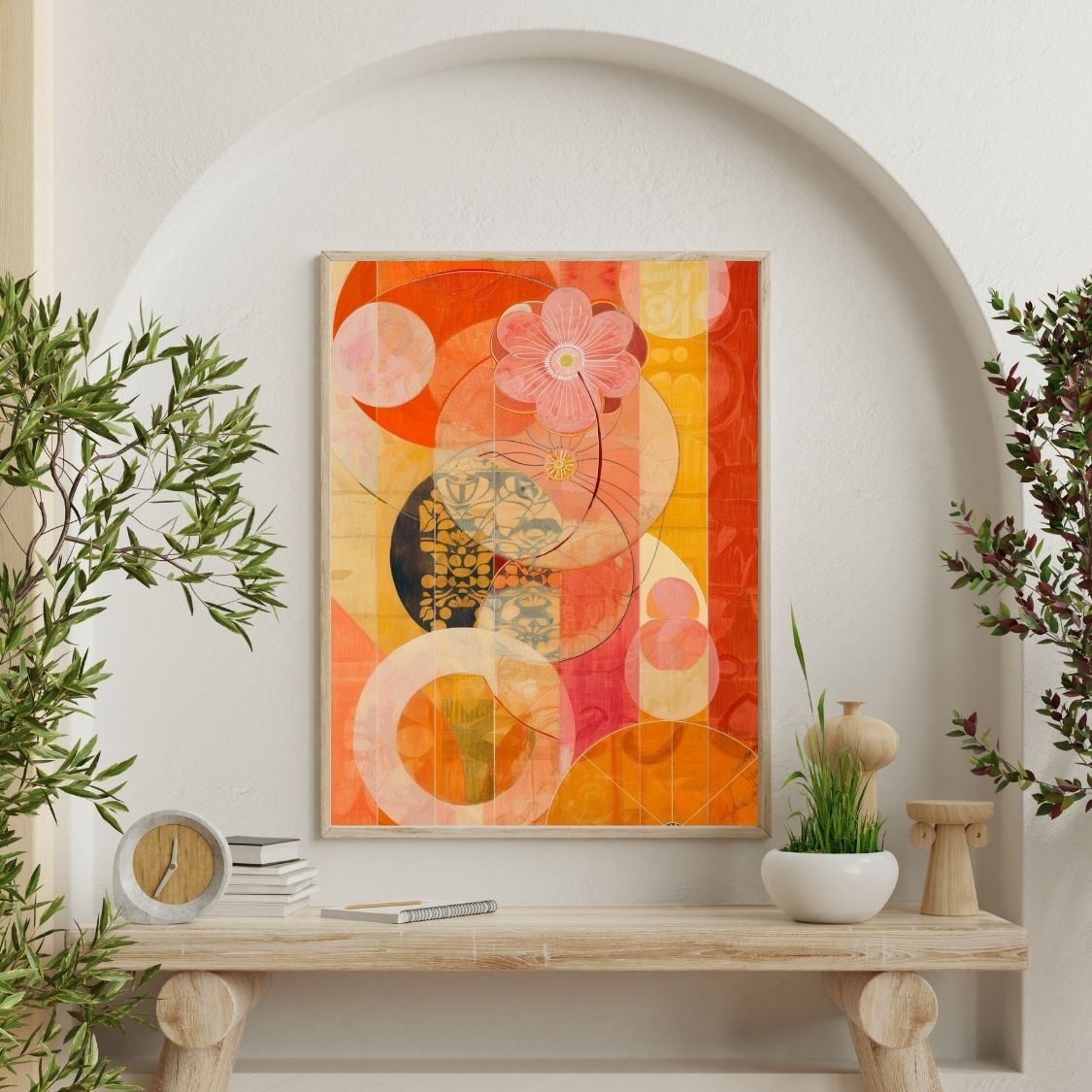 Poster wall art showing 'Bold Floral Impressions – Vibrant Art Canvas' on a wall surrounded by plants