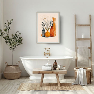 Poster wall art showing 'Botanical Purity – Minimalist Boho Florals in Neutral Vases' in a bathroom