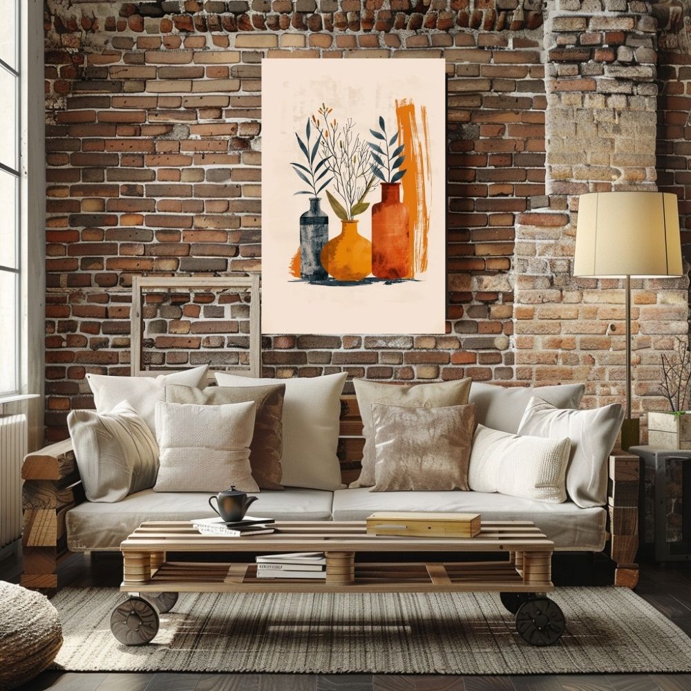 Poster wall art showing 'Botanical Purity – Minimalist Boho Florals in Neutral Vases' in a living room