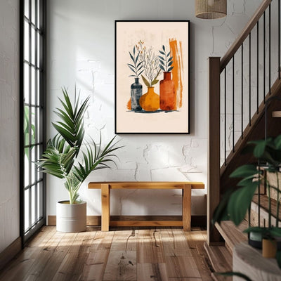 Poster wall art showing 'Botanical Purity – Minimalist Boho Florals in Neutral Vases' in a hallway