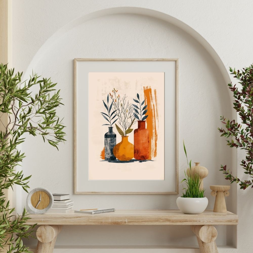 Poster wall art showing 'Botanical Purity – Minimalist Boho Florals in Neutral Vases' on a wall with plants