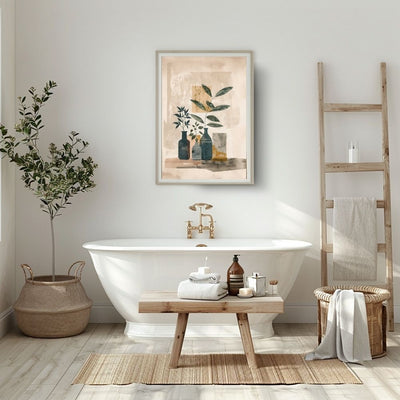 Poster wall art showing 'Botanical Simplicity – Minimalist Boho Greenery Display' in a bathroom