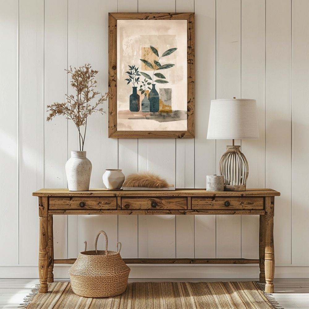 Poster wall art showing 'Botanical Simplicity – Minimalist Boho Greenery Display' in a hallway