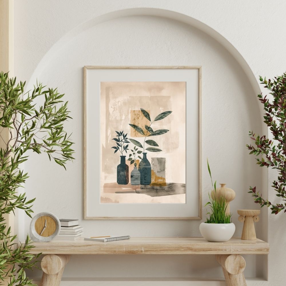 Poster wall art showing 'Botanical Simplicity – Minimalist Boho Greenery Display' on a wall with plants